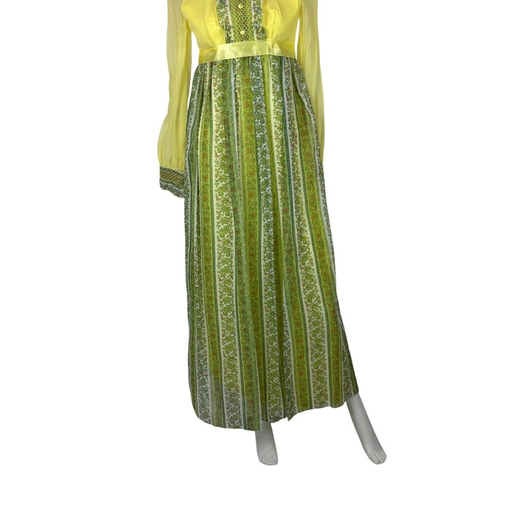 Vintage 70s Maxi Dress Juniors Sheer Yellow Chiffon Sleeves Printed Skirt Bow - Picture 7 of 13